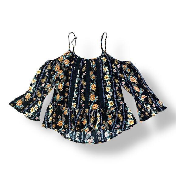 Gypsies & Moondust Cold Shoulder‎ Top Womens Size L Black Floral - Picture 1 of 7
